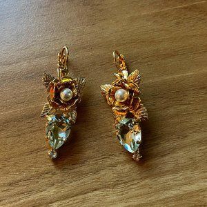 Gold Flower Aquamarine and Pearl Earrings